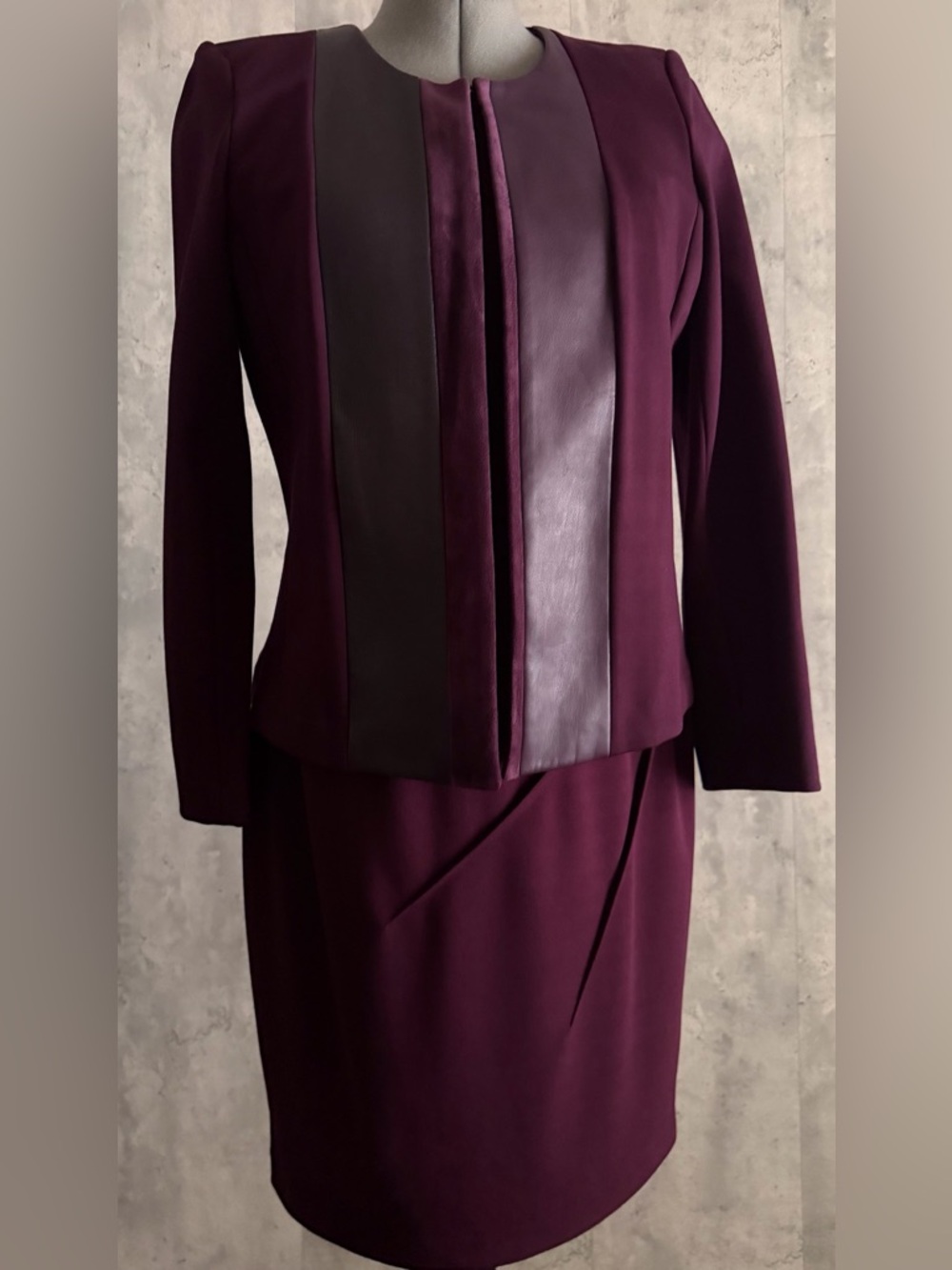 NWTs Calvin Klein Hazel Faux Suede&Leather Placate Dark Purple Jacket Dress Sz14